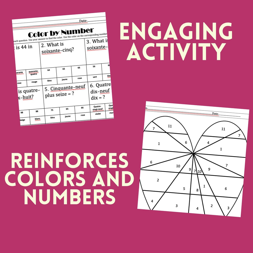 Color by Number Printable, Fun French Numbers to 100 Worksheet for Older Kids Learning