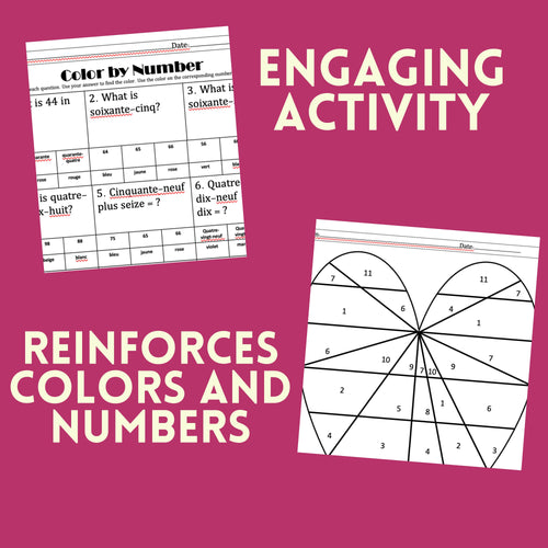 Color by Number Printable, Fun French Numbers to 100 Worksheet for Older Kids Learning