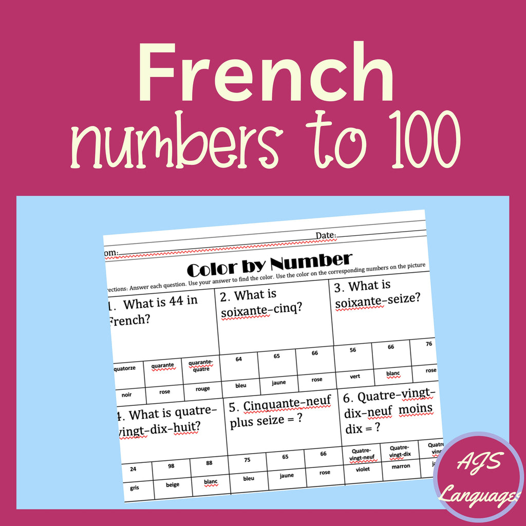 Color by Number Printable, Fun French Numbers to 100 Worksheet for Older Kids Learning