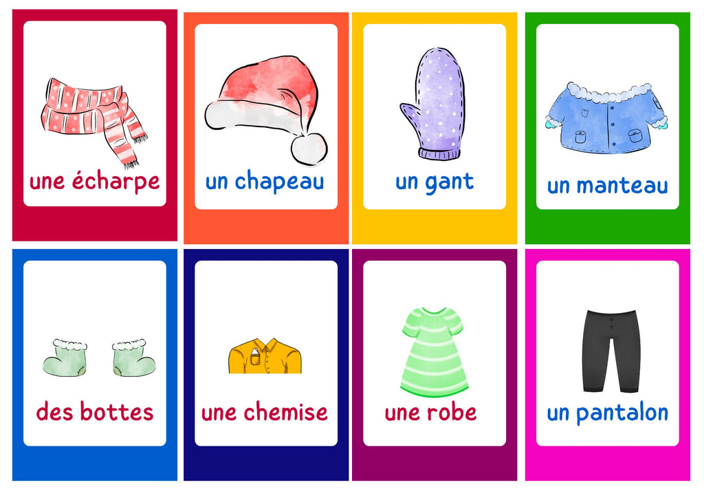 French young learners' clothes, weather and body parts flashcard bundle
