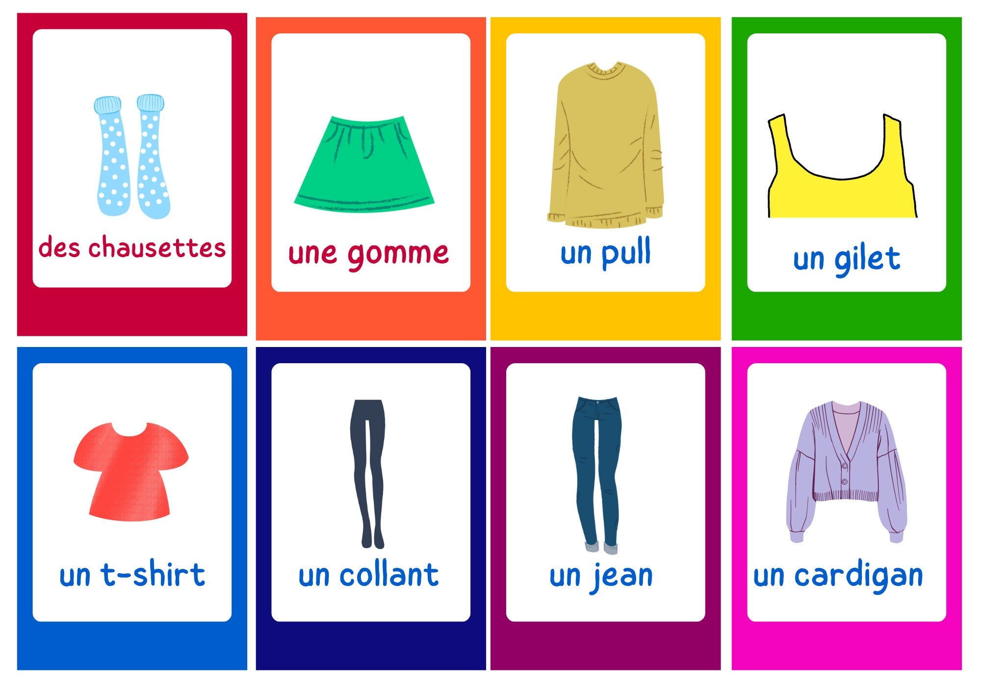 French young learners' clothes, weather and body parts flashcard bundle