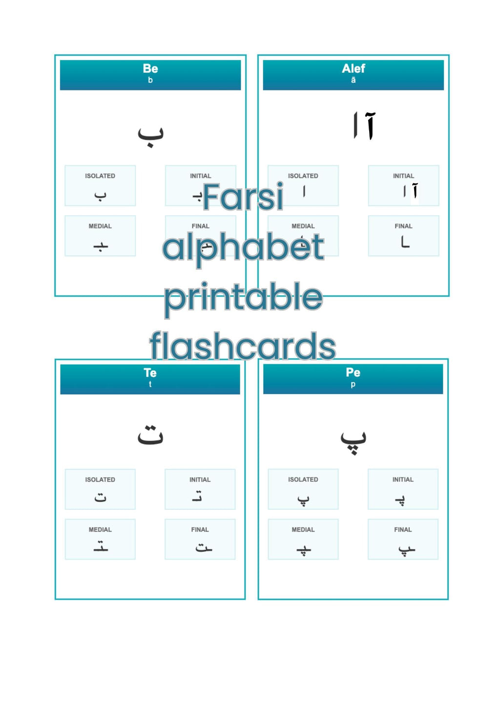 Persian alphabet printable flashcards